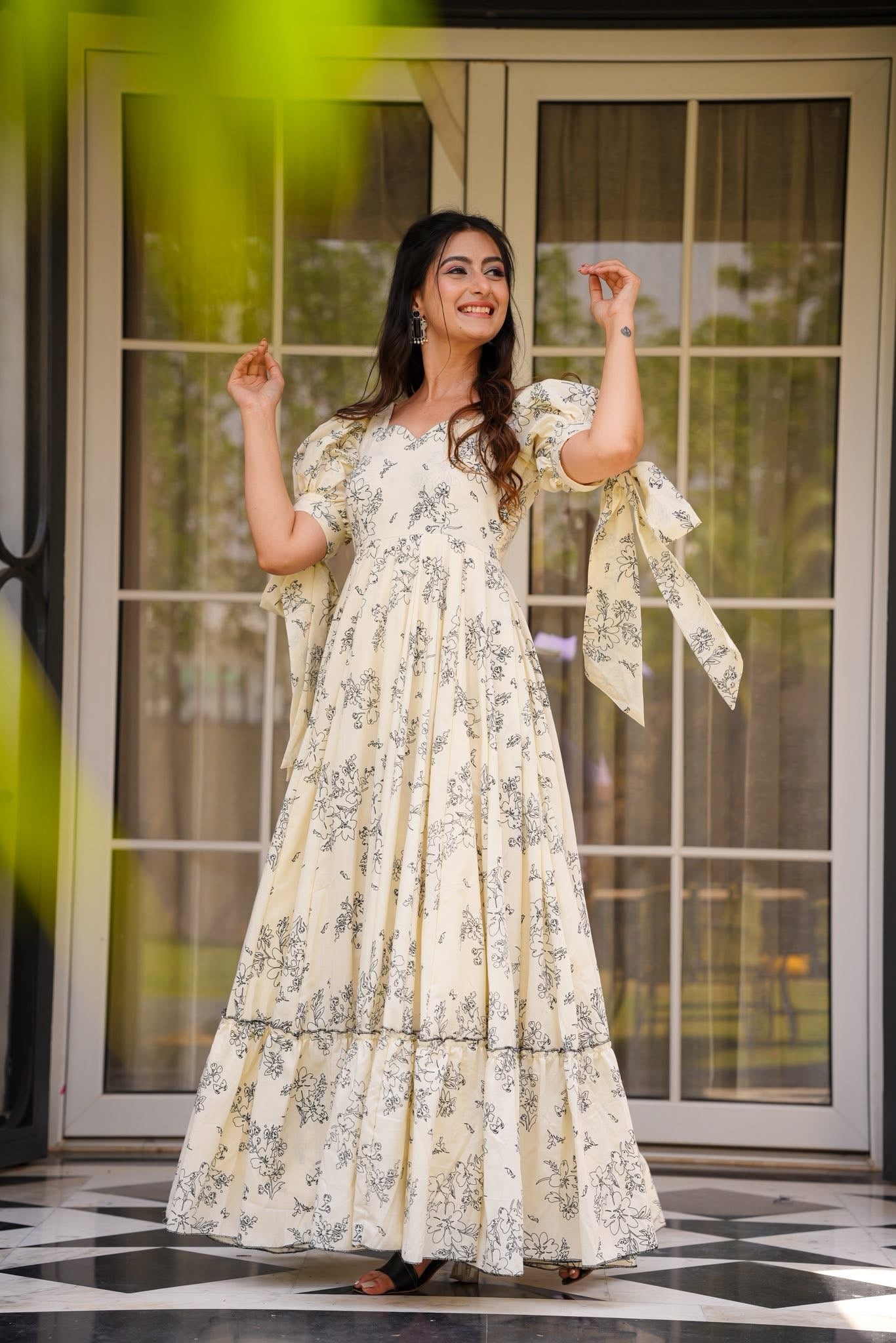 CaniBani Floral Printed Sweetheart Neck Puff Sleeve Gathered Maxi Dress