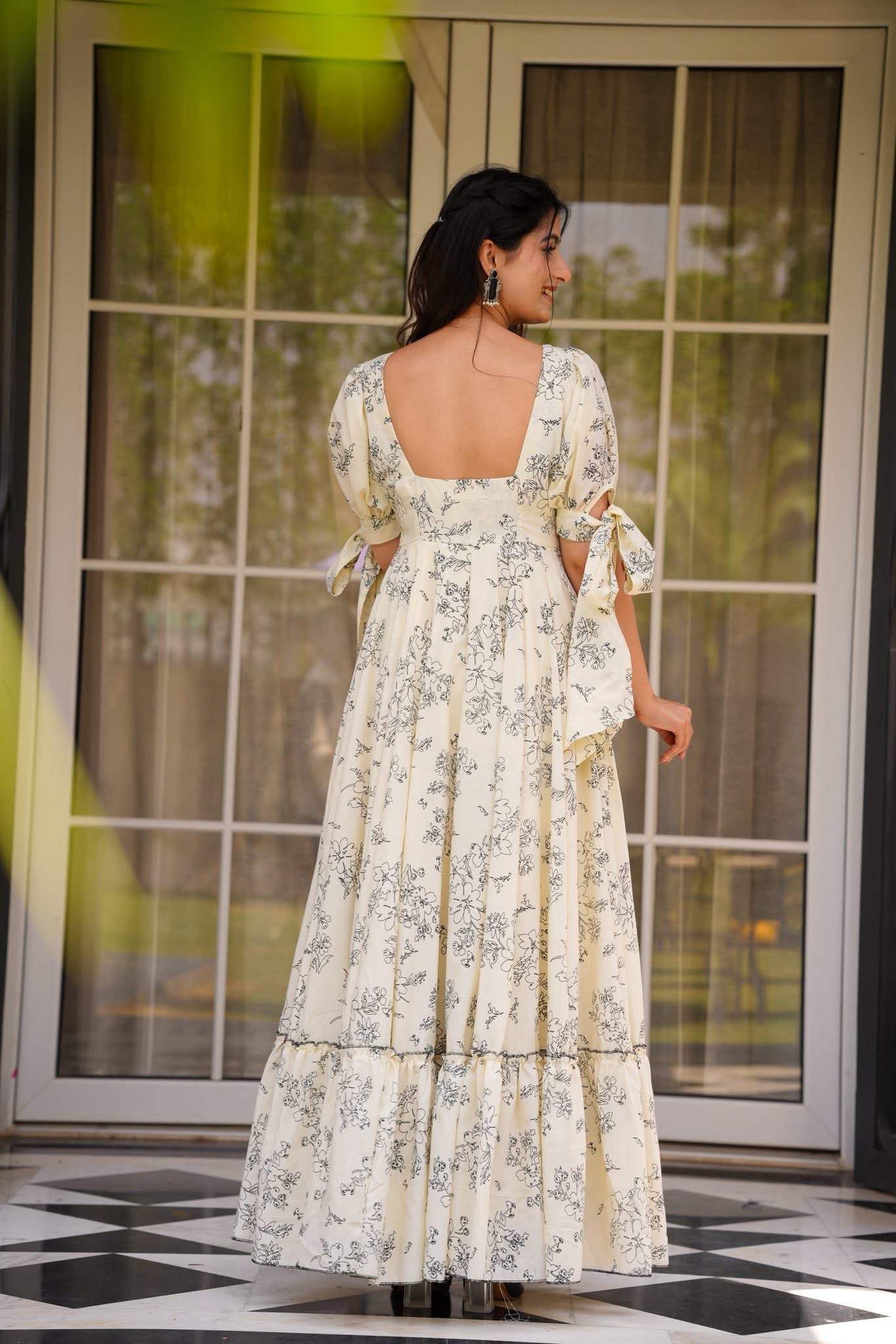 CaniBani Floral Printed Sweetheart Neck Puff Sleeve Gathered Maxi Dress