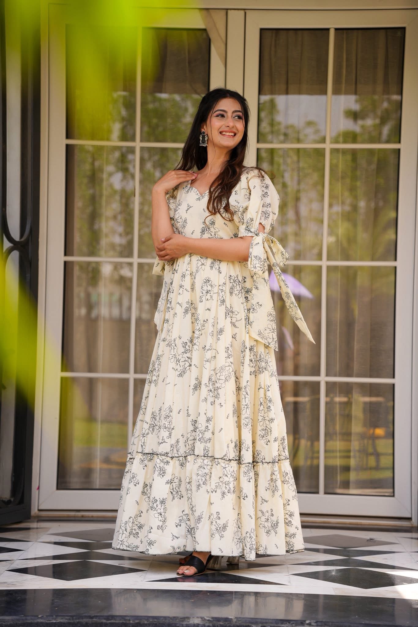 CaniBani Floral Printed Sweetheart Neck Puff Sleeve Gathered Maxi Dress