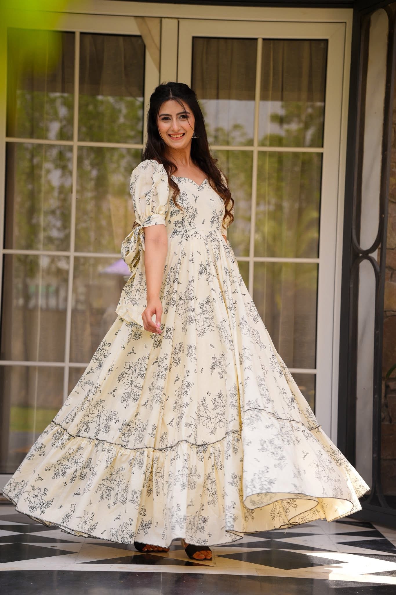 CaniBani Floral Printed Sweetheart Neck Puff Sleeve Gathered Maxi Dress