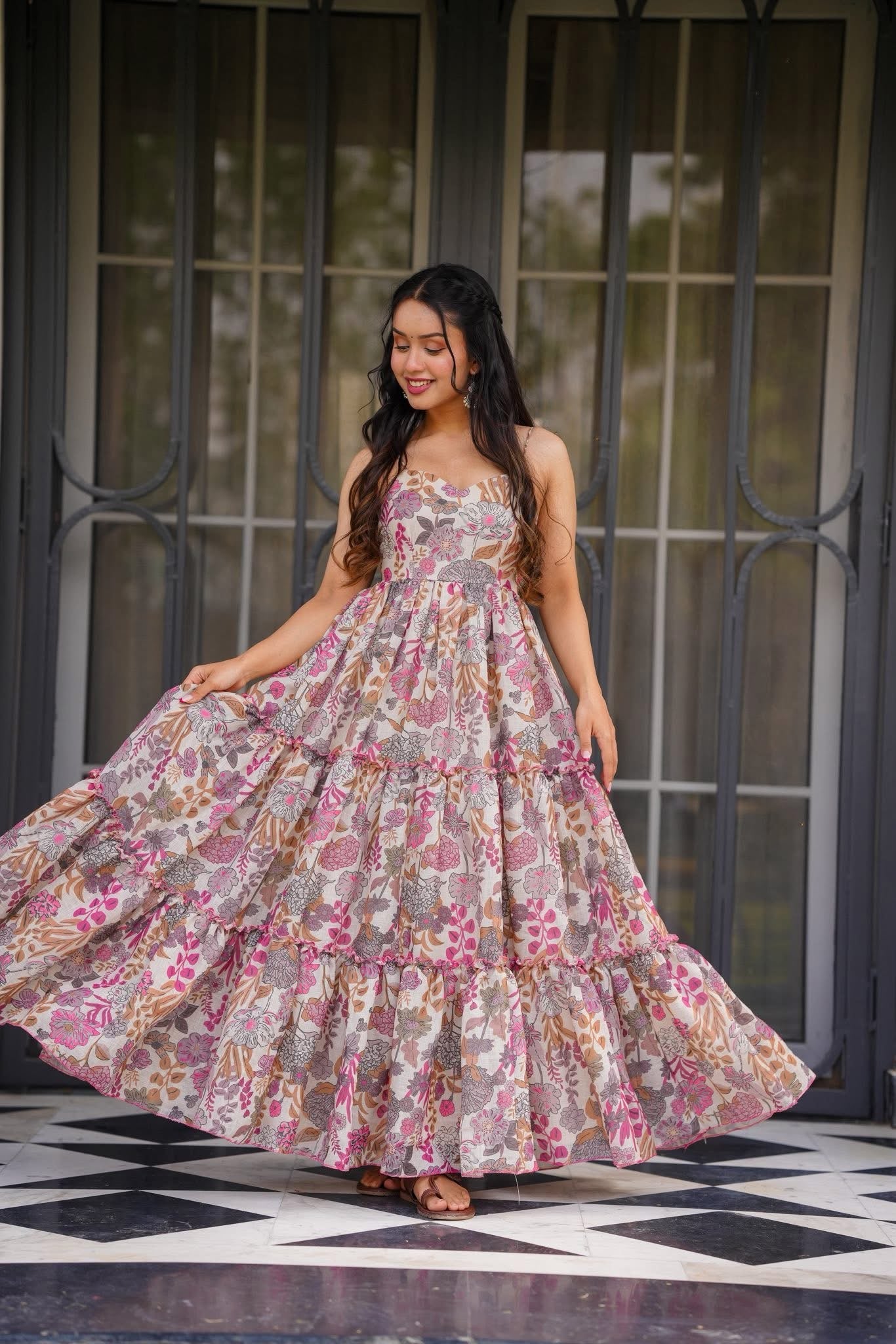 Lilots Women Shoulder Straps Floral Print Ruffled Fit & Flare Maxi Dress