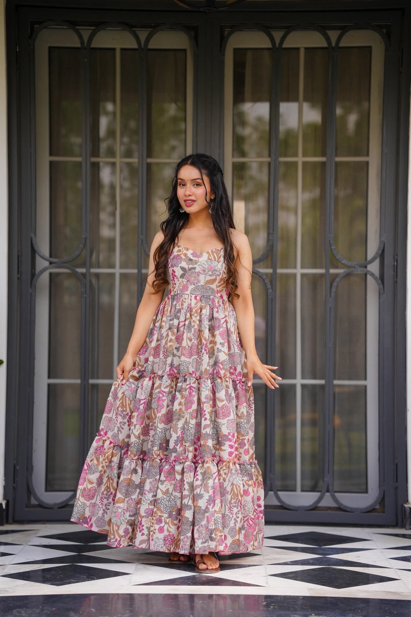Lilots Women Shoulder Straps Floral Print Ruffled Fit & Flare Maxi Dress