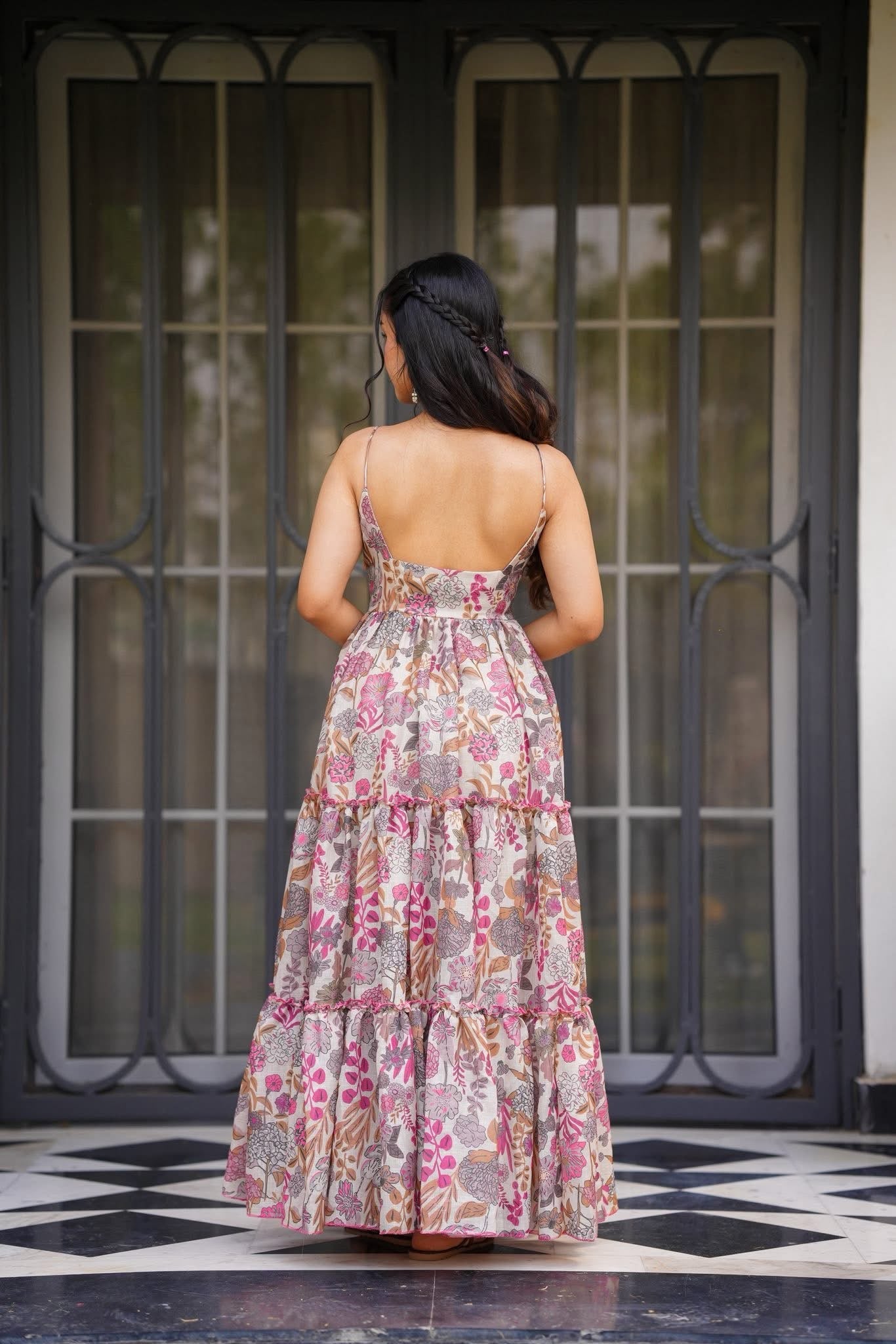 Lilots Women Shoulder Straps Floral Print Ruffled Fit & Flare Maxi Dress