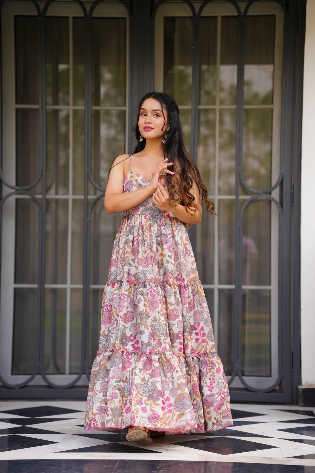 Lilots Women Shoulder Straps Floral Print Ruffled Fit & Flare Maxi Dress