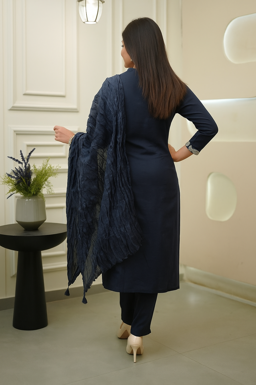 Neavy Blue Rayon Slub Ethnic Motif Embroidered Kurta Set