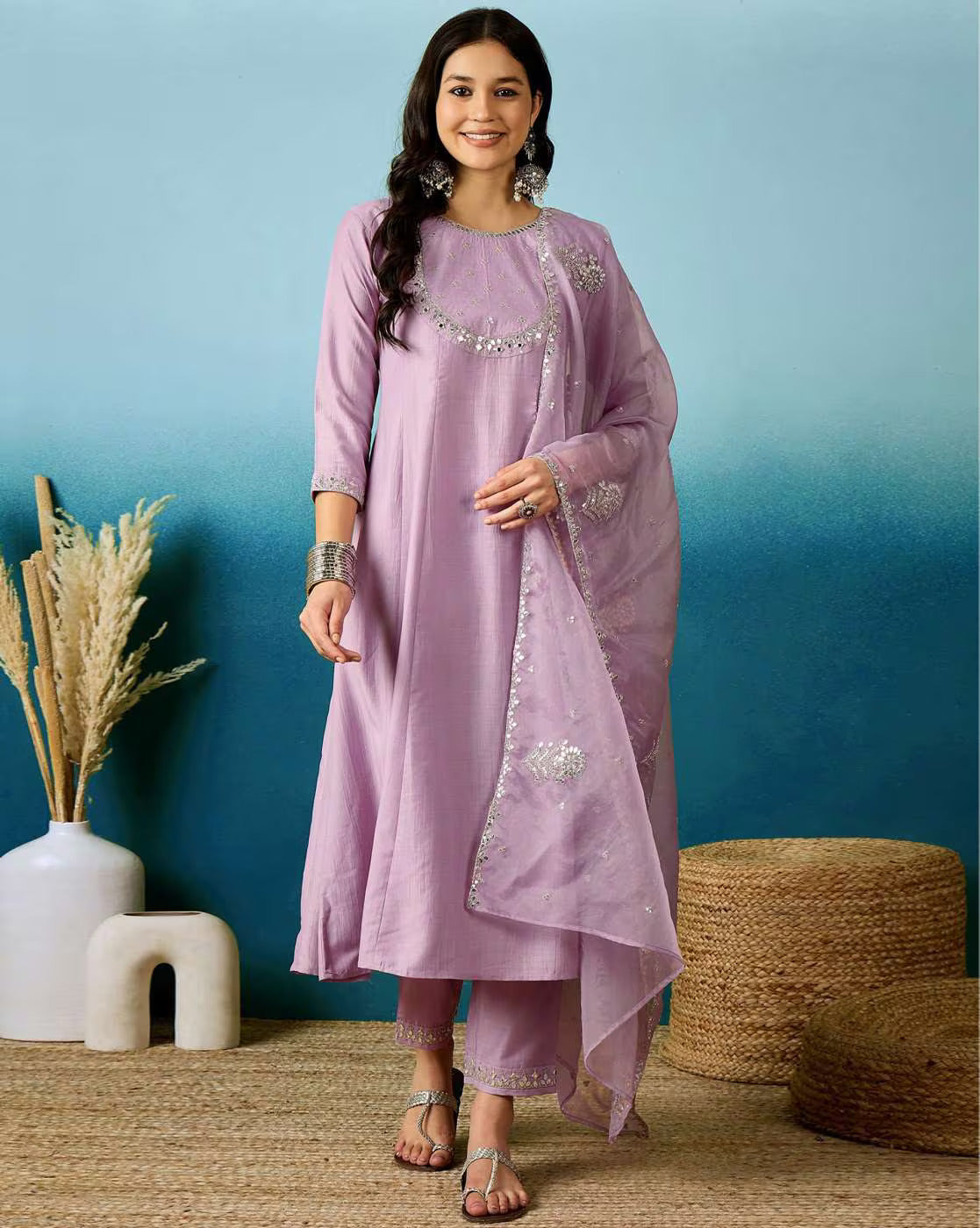 Sangria Lavender Floral Embroidered Work A-Line Kurta