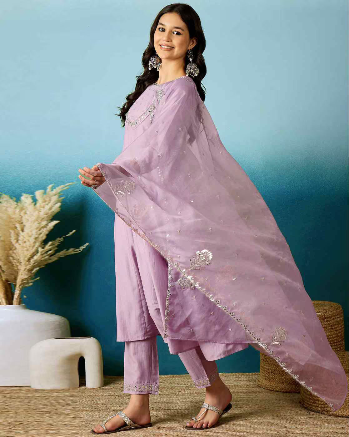 Sangria Lavender Floral Embroidered Work A-Line Kurta