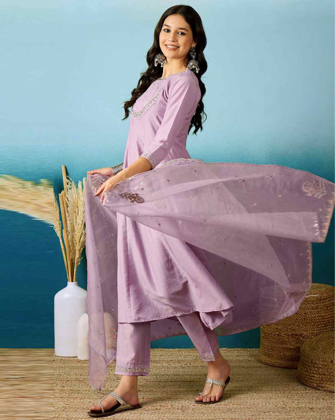 Sangria Lavender Floral Embroidered Work A-Line Kurta