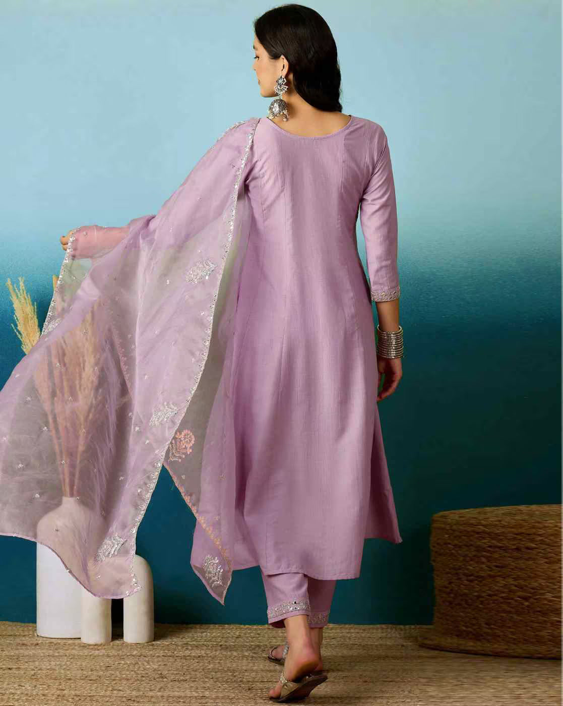 Sangria Lavender Floral Embroidered Work A-Line Kurta