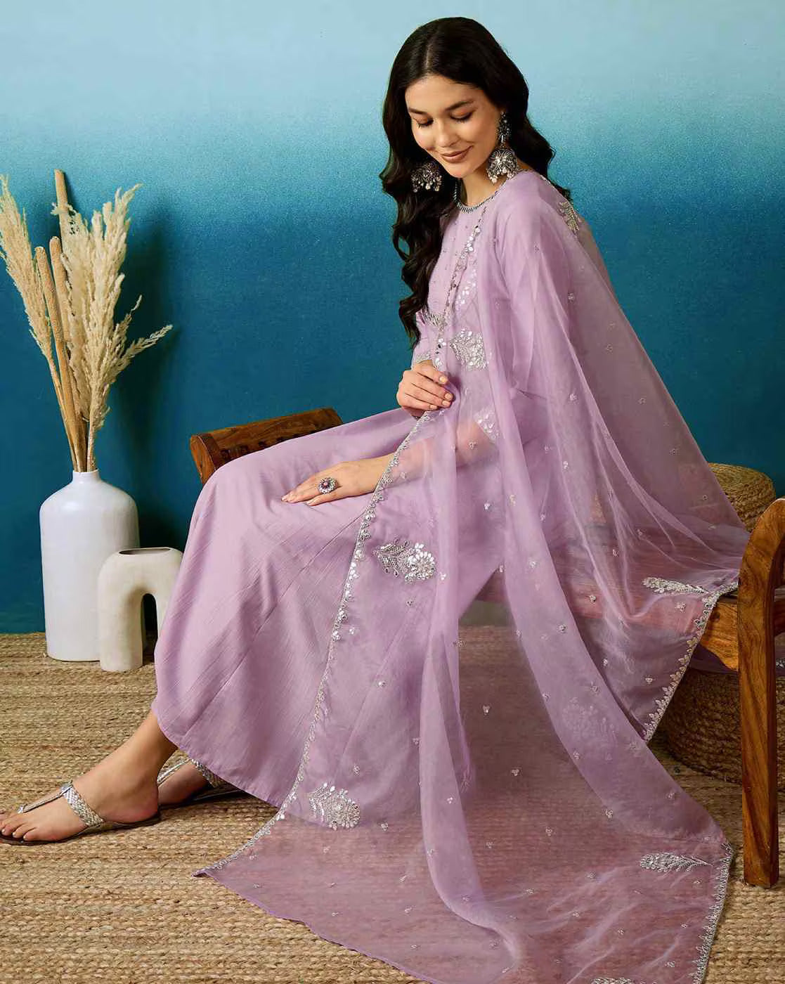 Sangria Lavender Floral Embroidered Work A-Line Kurta