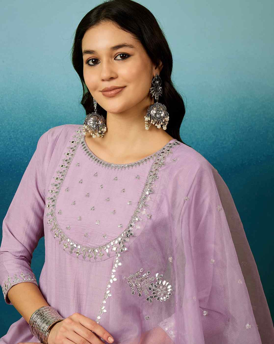 Sangria Lavender Floral Embroidered Work A-Line Kurta