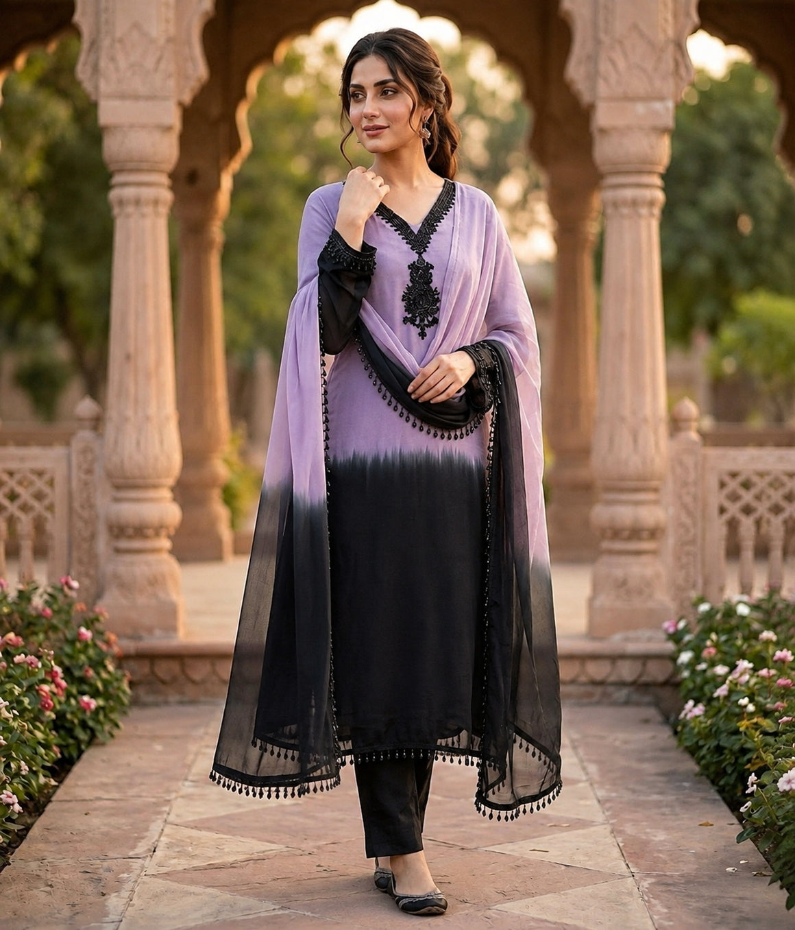 Lavender And Black Crepe Silk Pakistani Readymade Suit