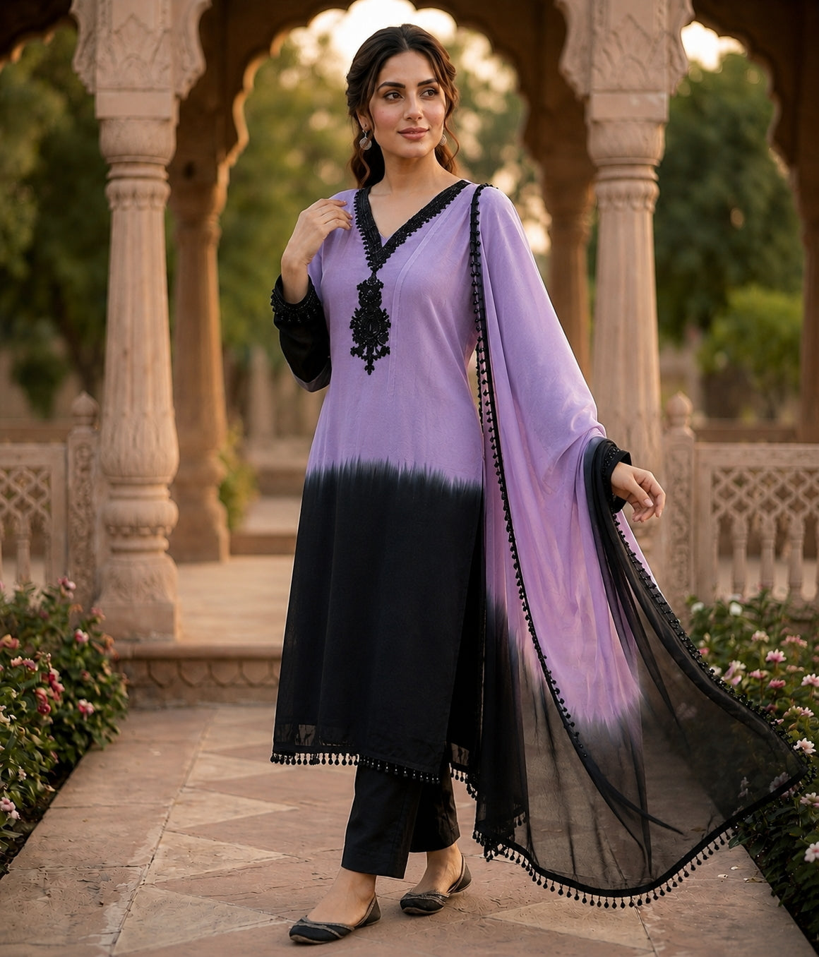 Lavender And Black Crepe Silk Pakistani Readymade Suit