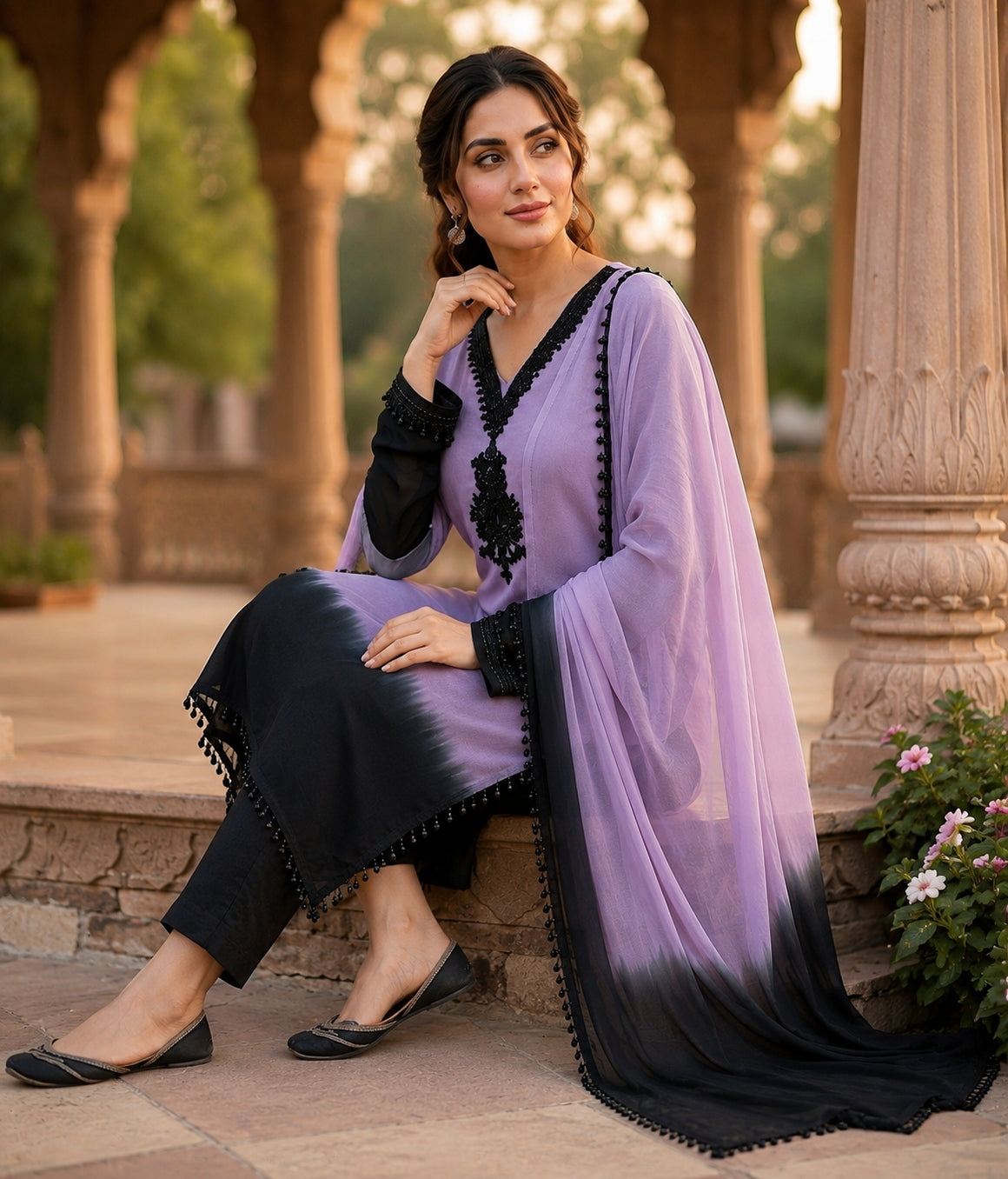 Lavender And Black Crepe Silk Pakistani Readymade Suit