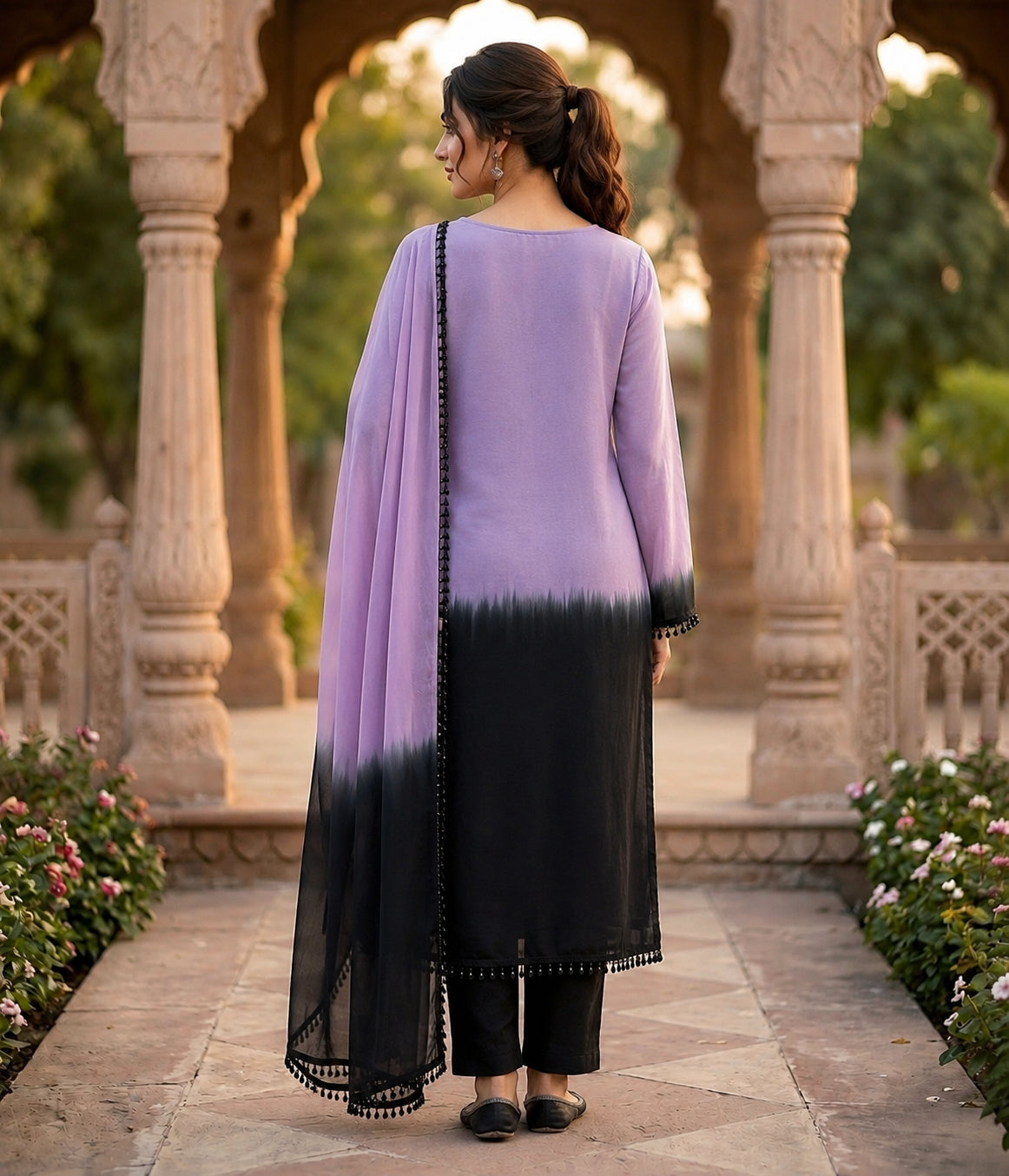Lavender And Black Crepe Silk Pakistani Readymade Suit