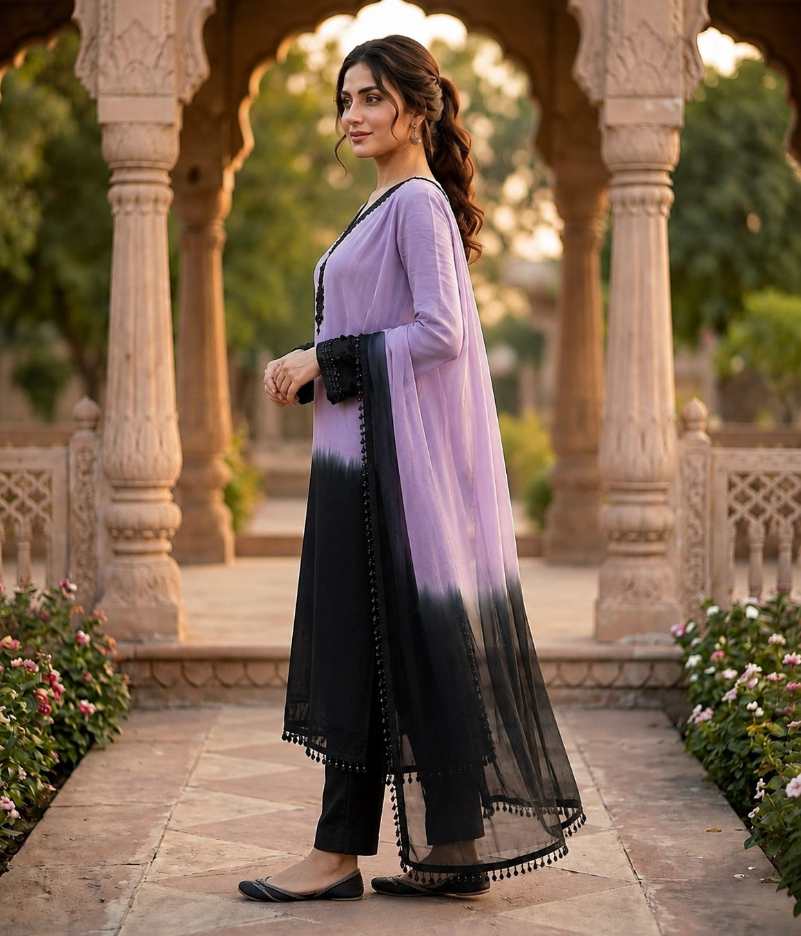 Lavender And Black Crepe Silk Pakistani Readymade Suit
