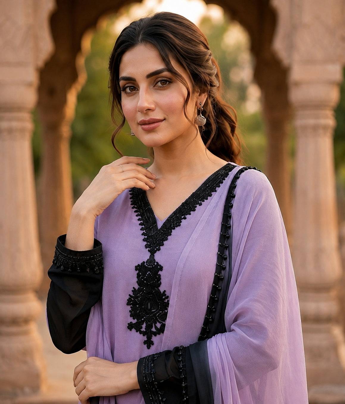 Lavender And Black Crepe Silk Pakistani Readymade Suit