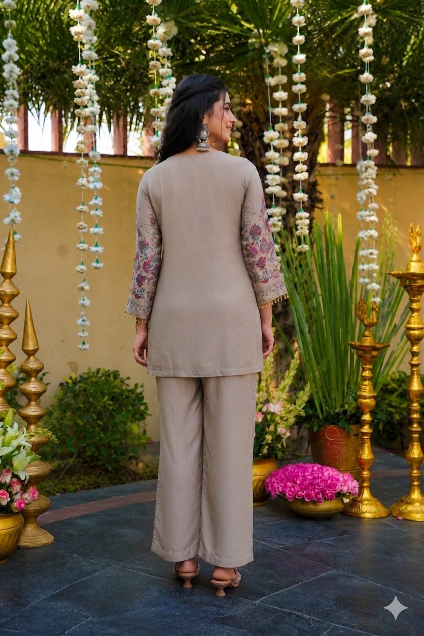 Beige Vichitra Silk Sequin Embroidered Keyhole Neck Kurta Co Ord Set
