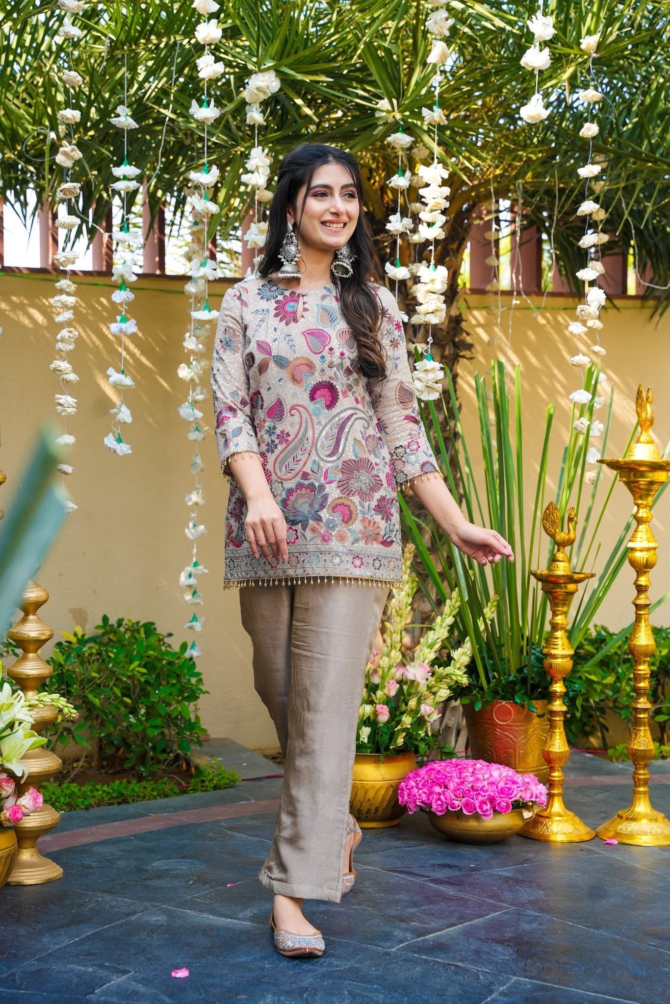 Beige Vichitra Silk Sequin Embroidered Keyhole Neck Kurta Co Ord Set