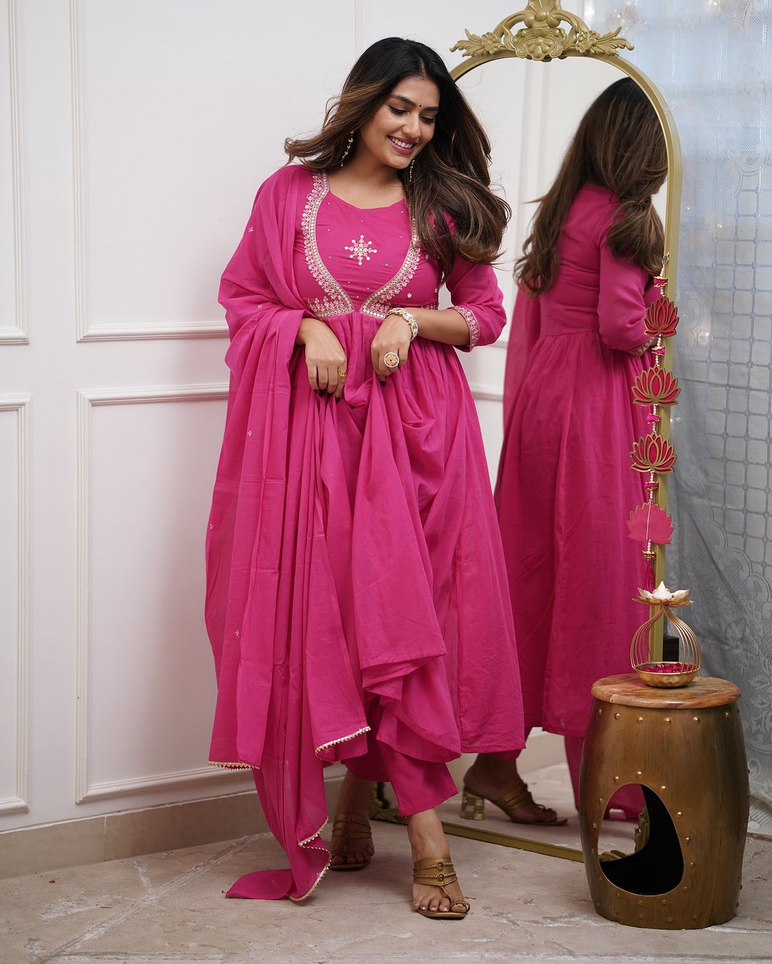 Pink Embroidered Muslin Cotton Anarkali Gown Suit Set