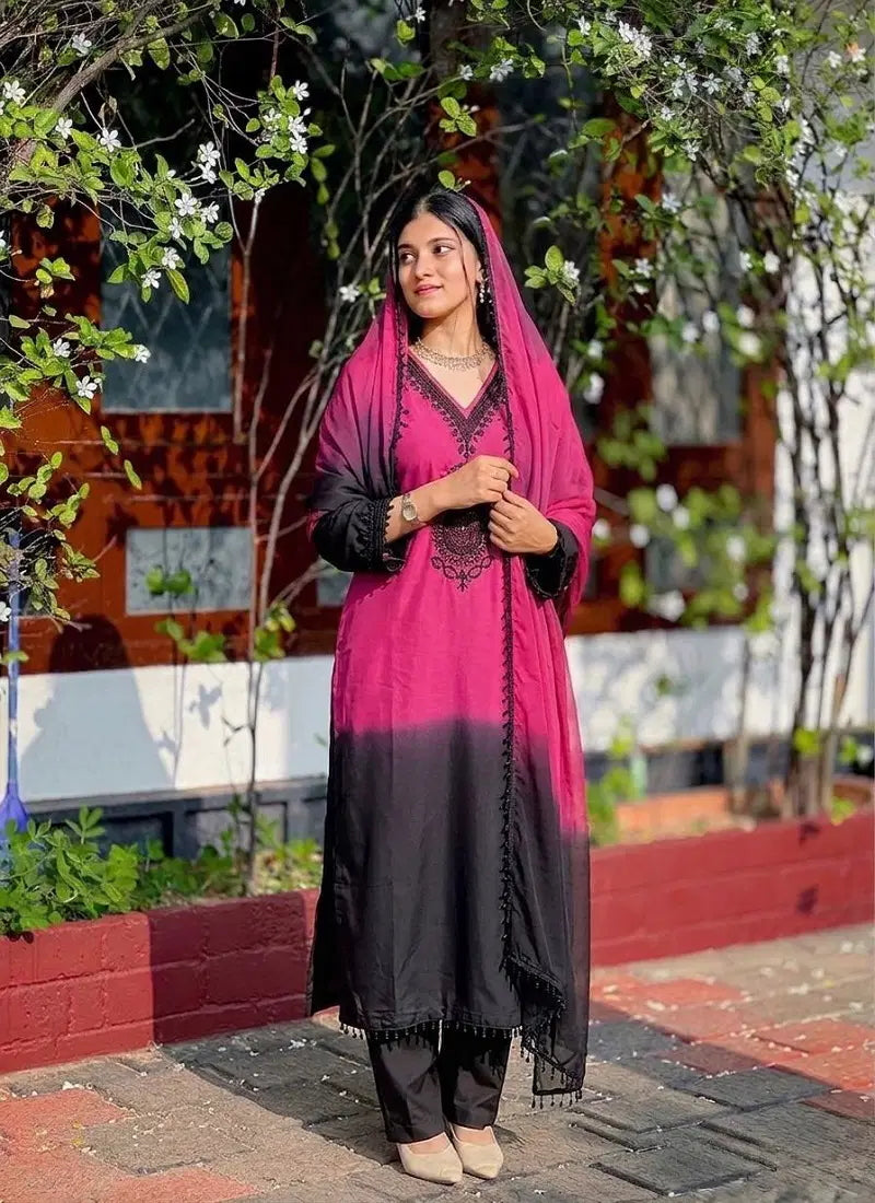 Pink And Black Crepe Silk Pakistani Readymade Suit