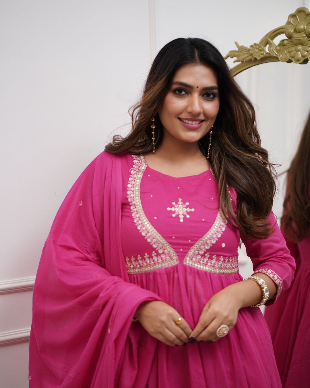 Pink Embroidered Muslin Cotton Anarkali Gown Suit Set