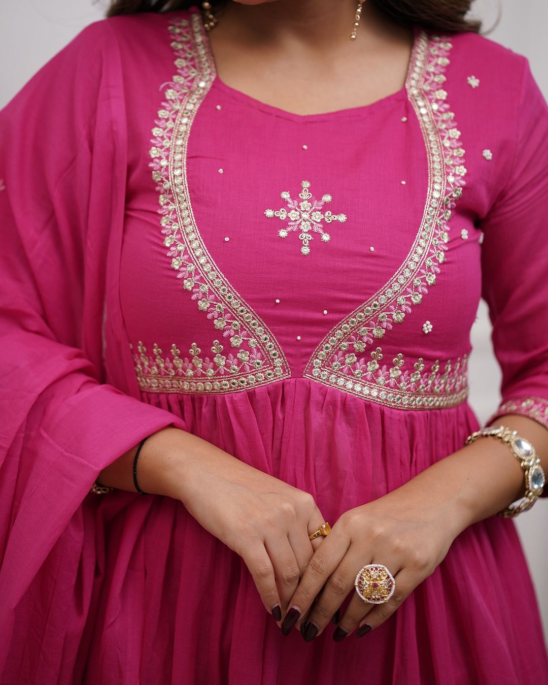 Pink Embroidered Muslin Cotton Anarkali Gown Suit Set