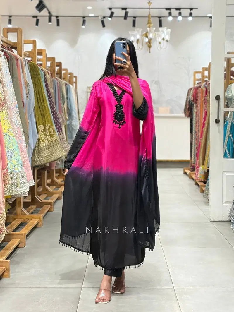 Pink And Black Crepe Silk Pakistani Readymade Suit