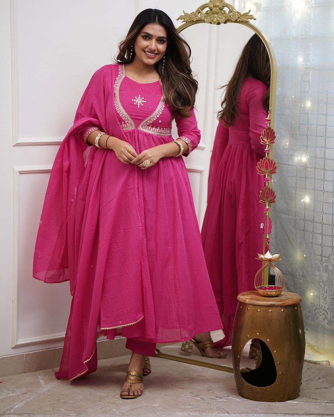 Pink Embroidered Muslin Cotton Anarkali Gown Suit Set