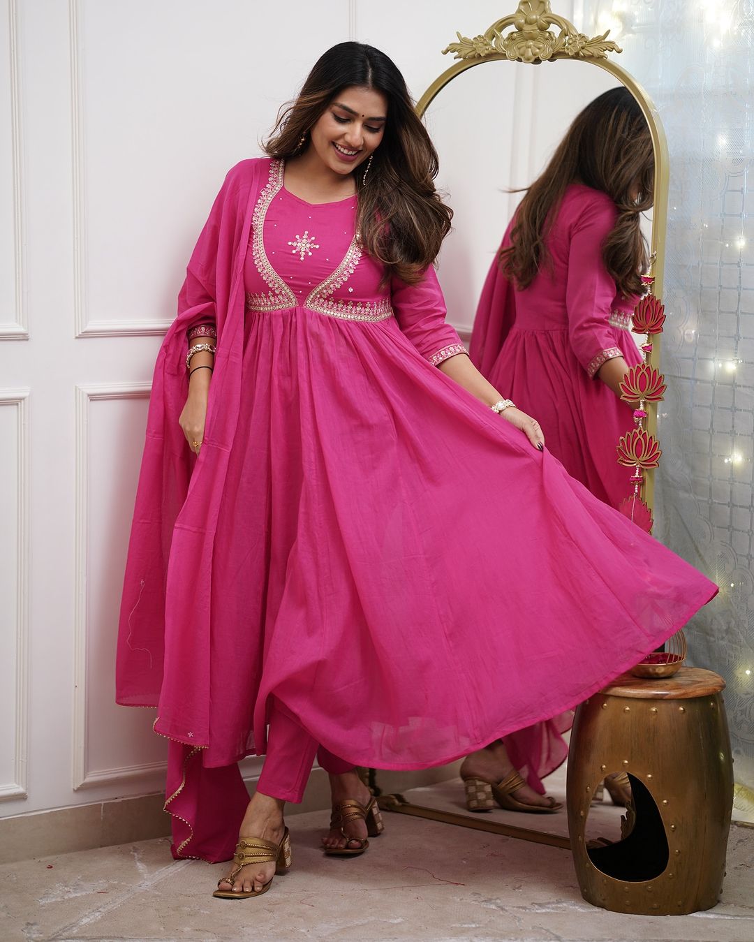 Pink Embroidered Muslin Cotton Anarkali Gown Suit Set