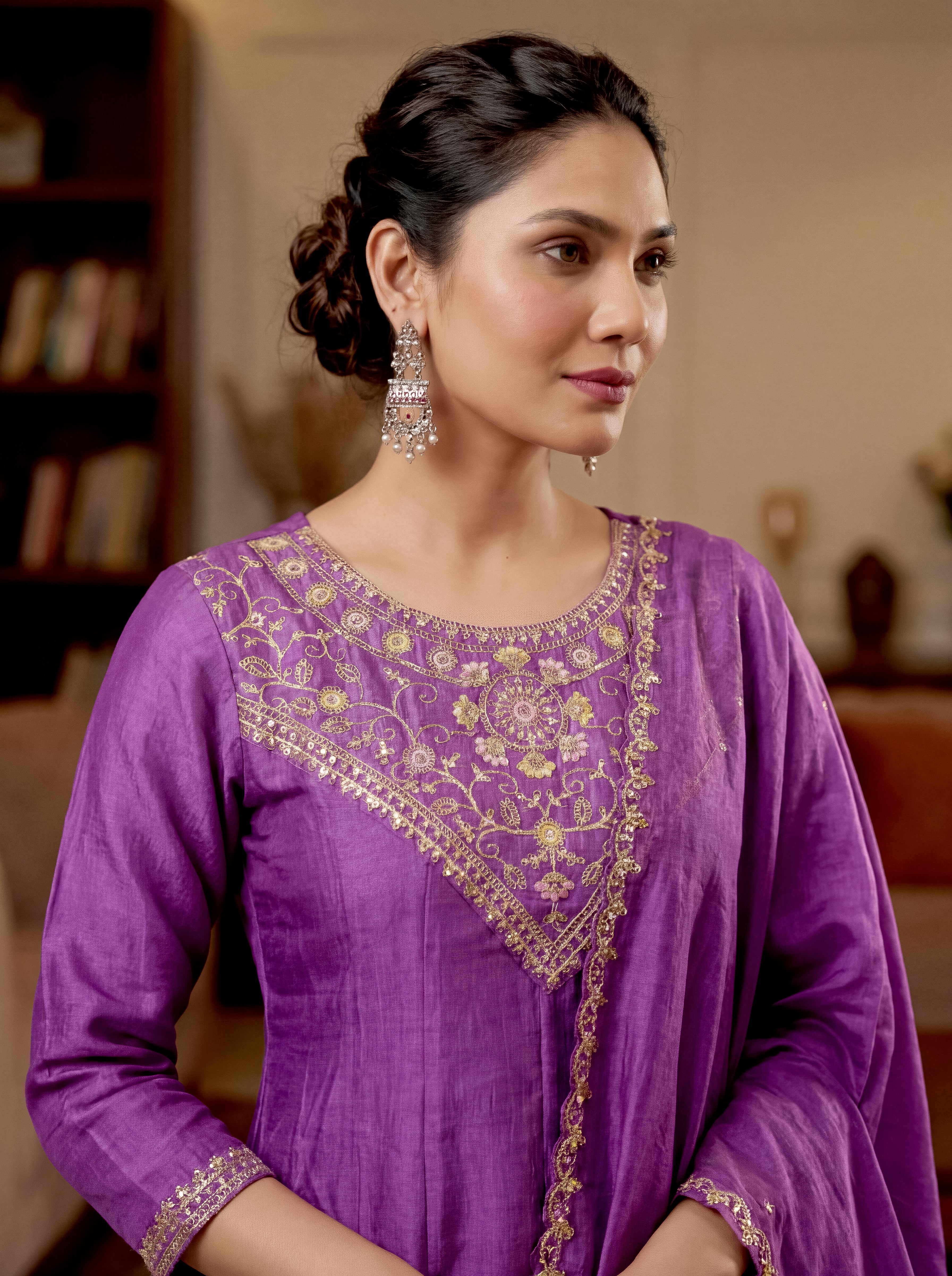 Purple Vichitra Silk Embroidered Panelled Kurta Set