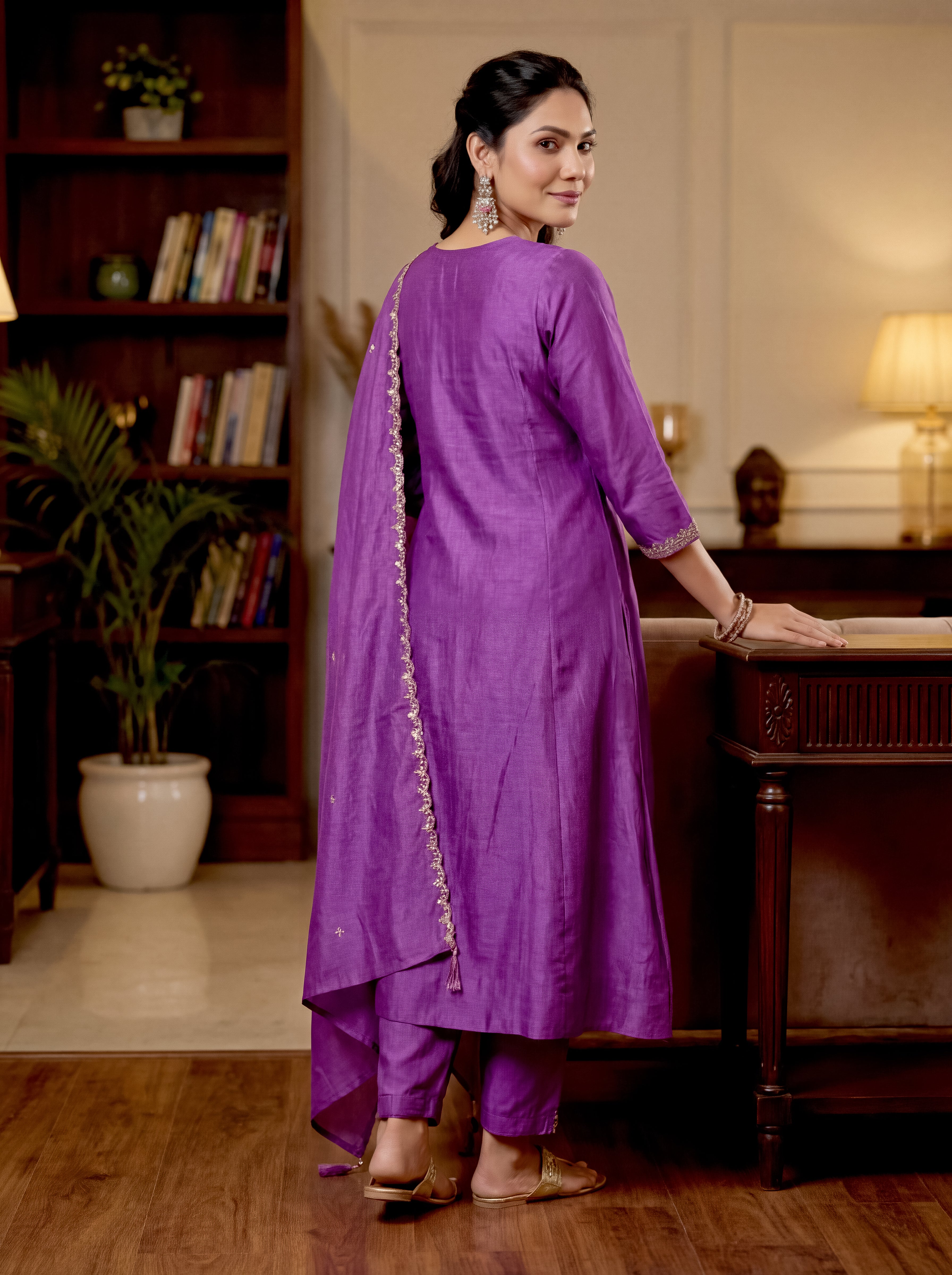 Purple Vichitra Silk Embroidered Panelled Kurta Set