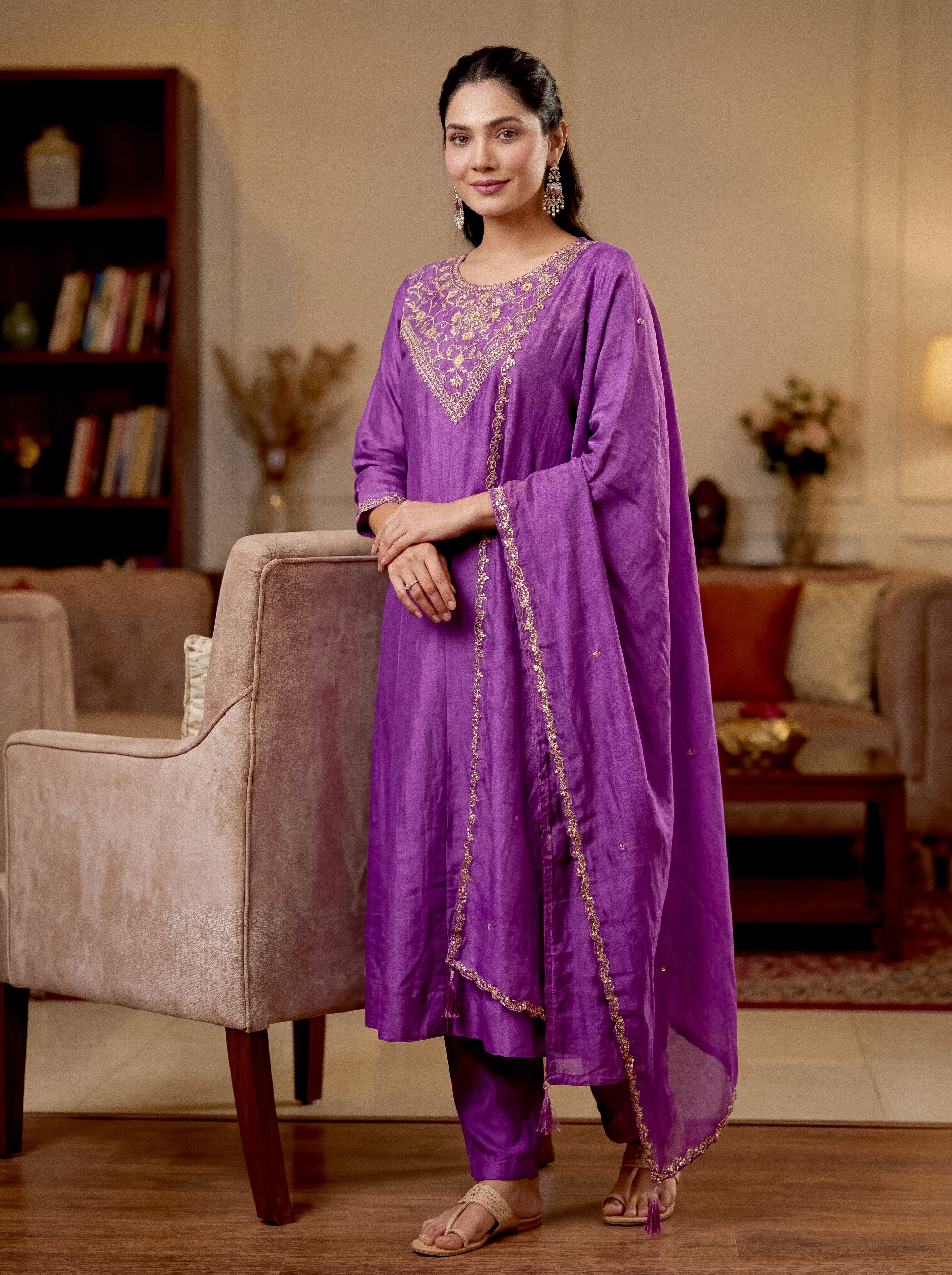 Purple Vichitra Silk Embroidered Panelled Kurta Set