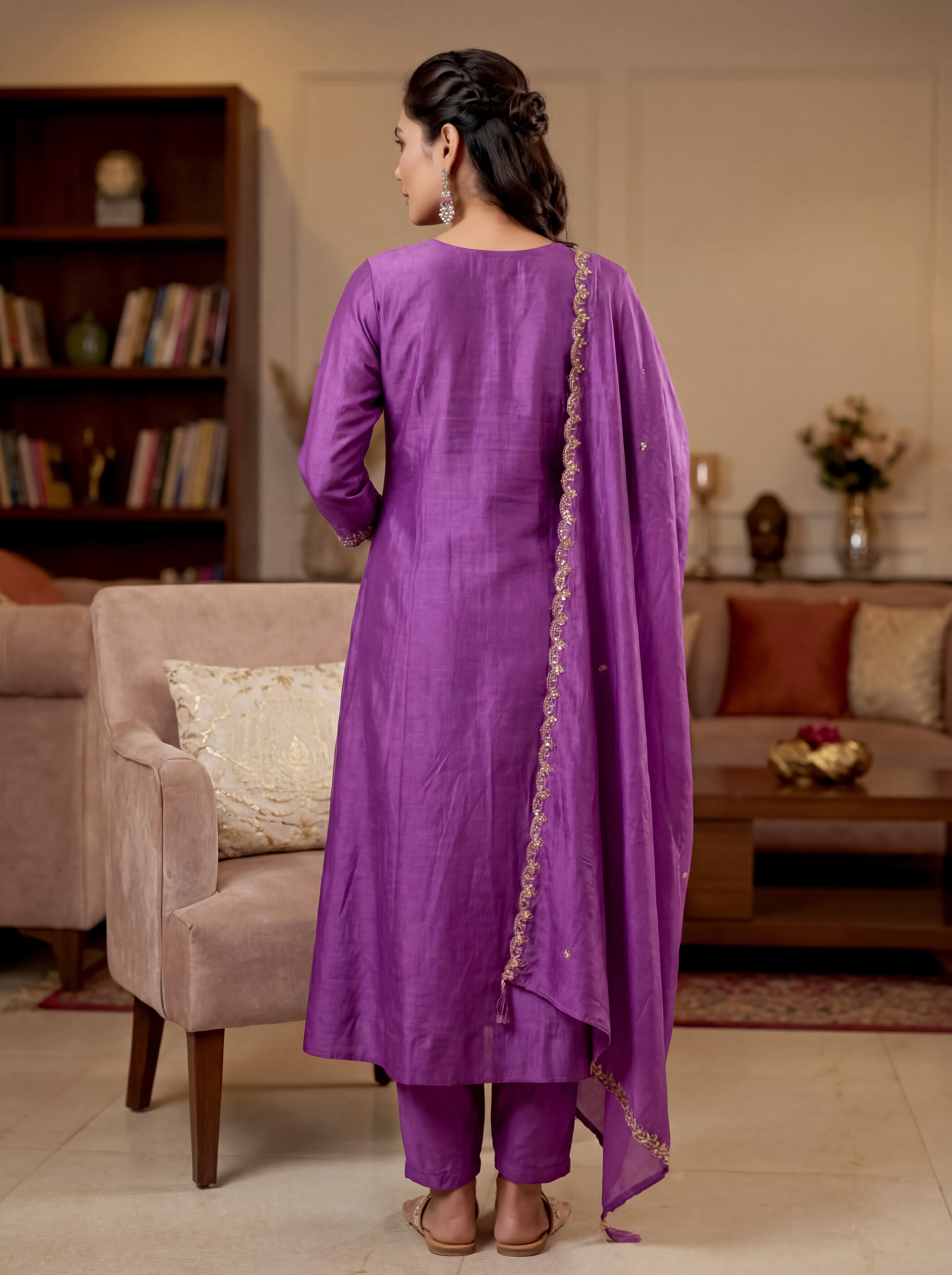 Purple Vichitra Silk Embroidered Panelled Kurta Set
