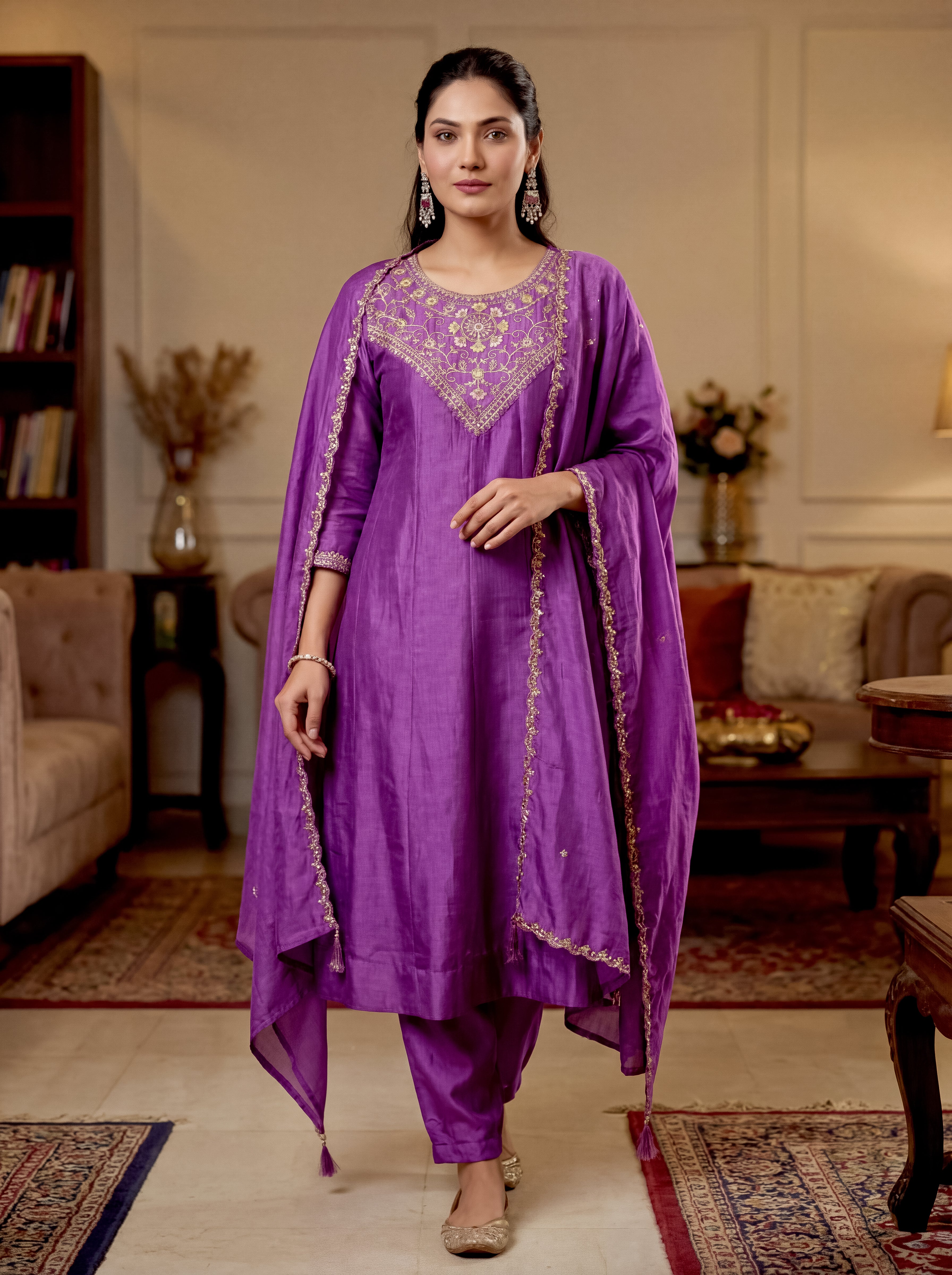 Purple Vichitra Silk Embroidered Panelled Kurta Set