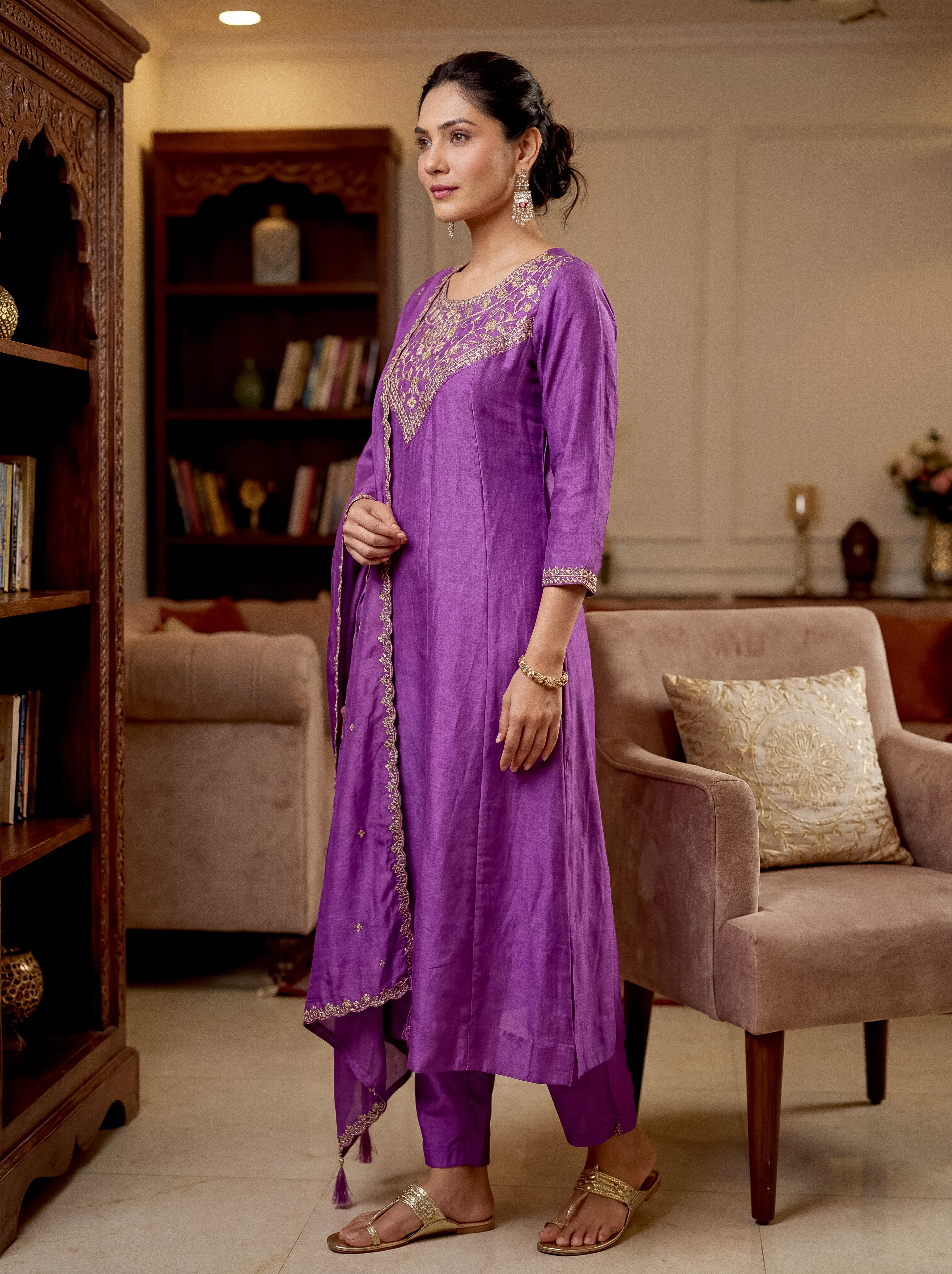 Purple Vichitra Silk Embroidered Panelled Kurta Set