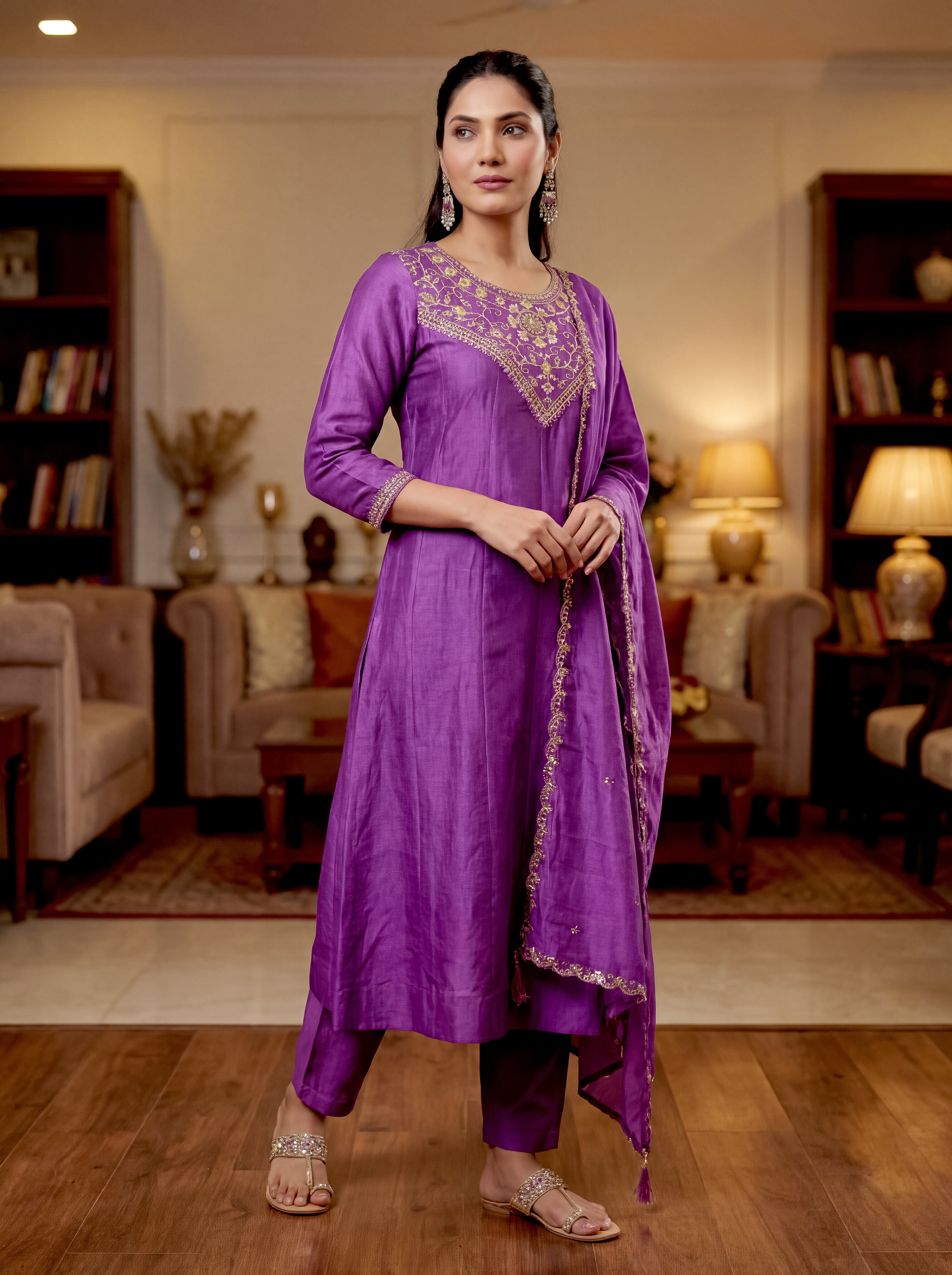 Purple Vichitra Silk Embroidered Panelled Kurta Set