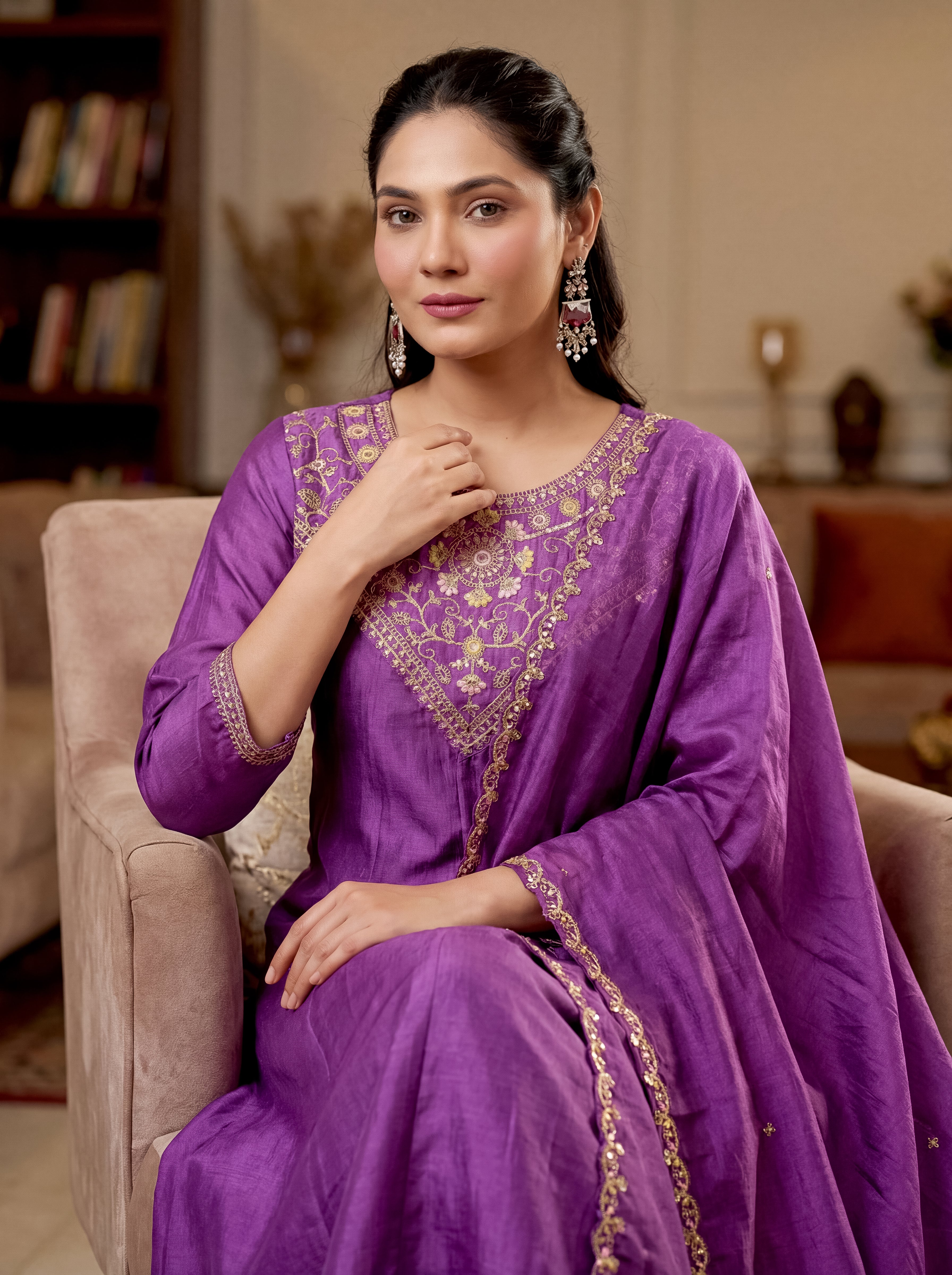 Purple Vichitra Silk Embroidered Panelled Kurta Set