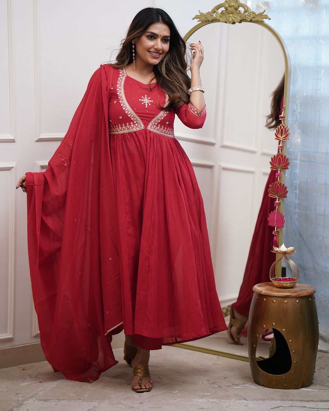 Red Embroidered Muslin Cotton Anarkali Gown Suit Set