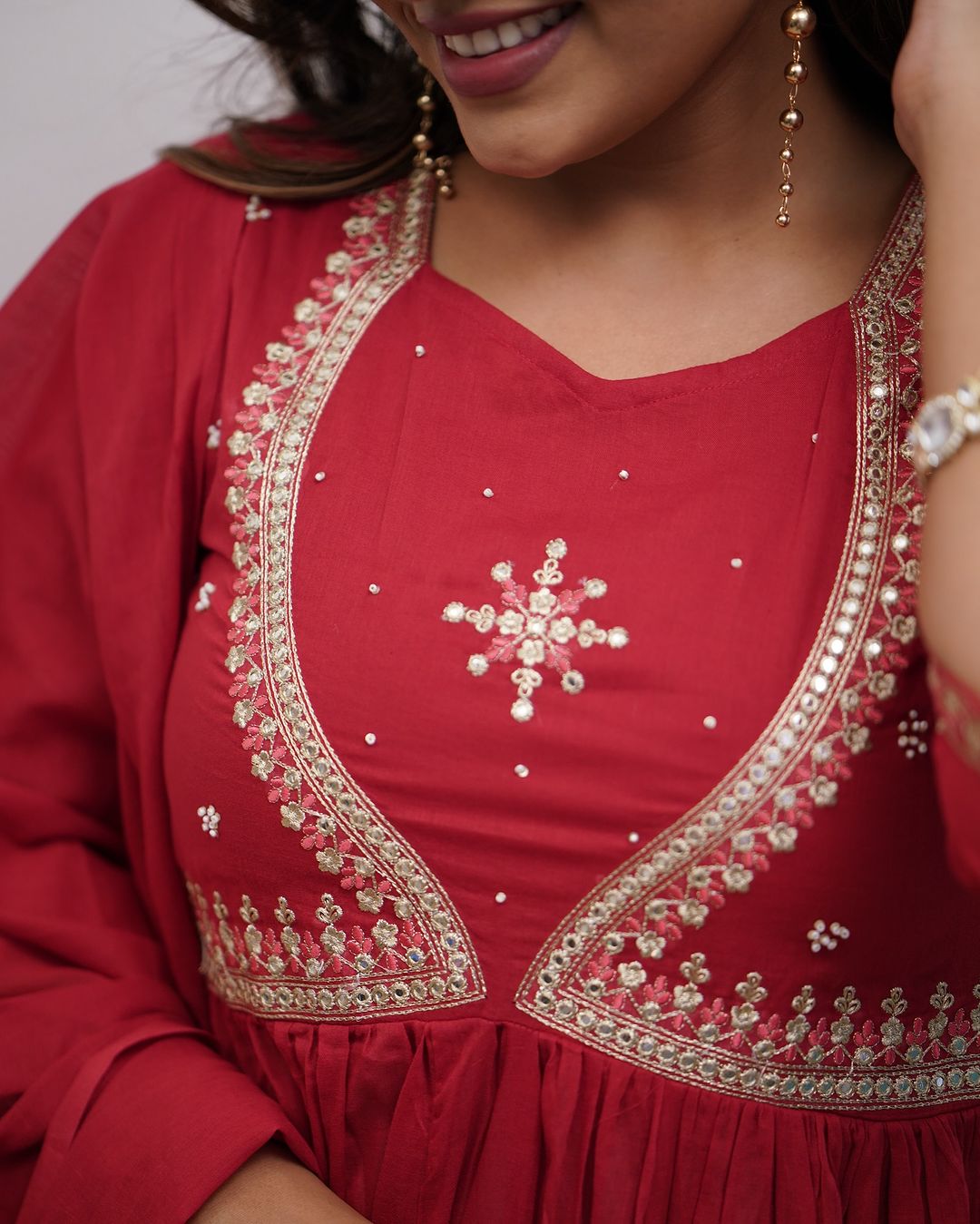Red Embroidered Muslin Cotton Anarkali Gown Suit Set