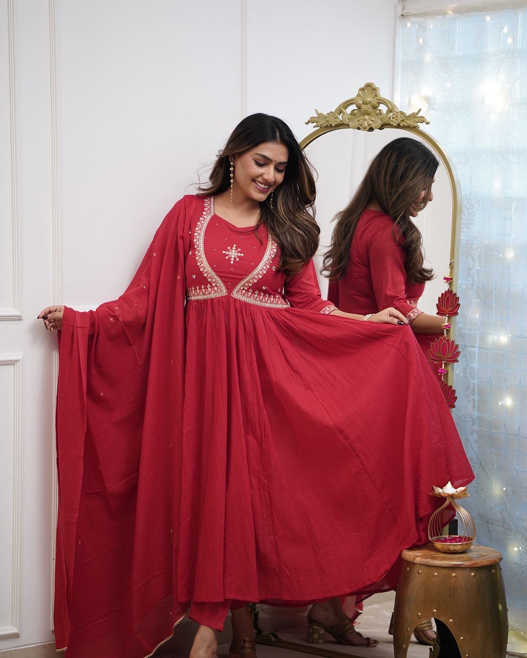Red Embroidered Muslin Cotton Anarkali Gown Suit Set