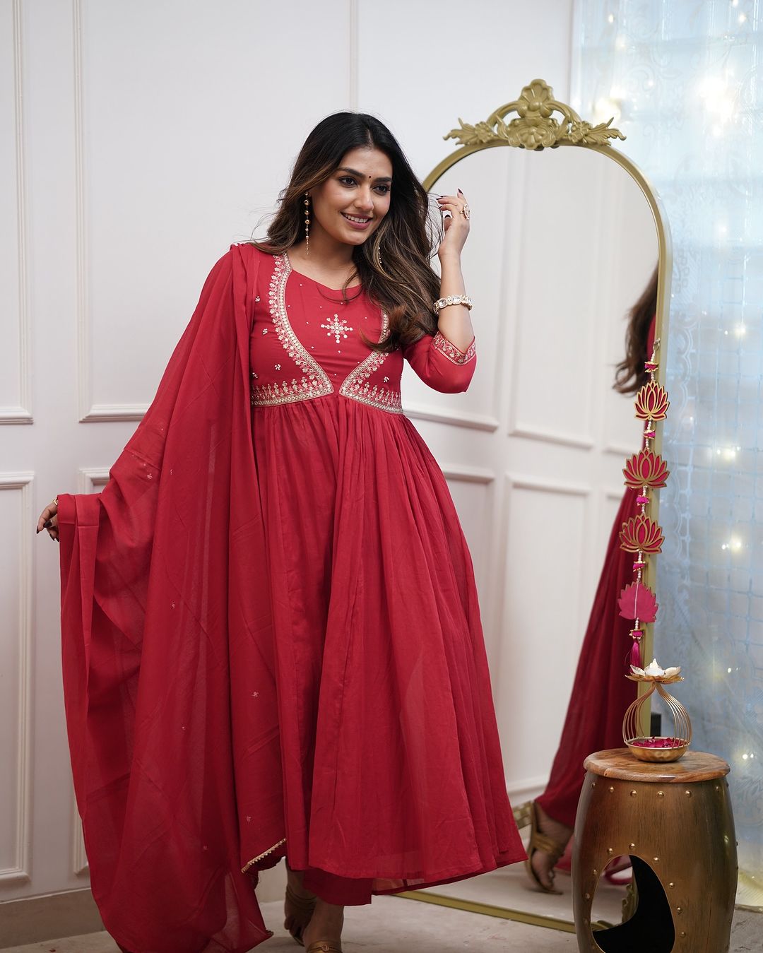 Red Embroidered Muslin Cotton Anarkali Gown Suit Set