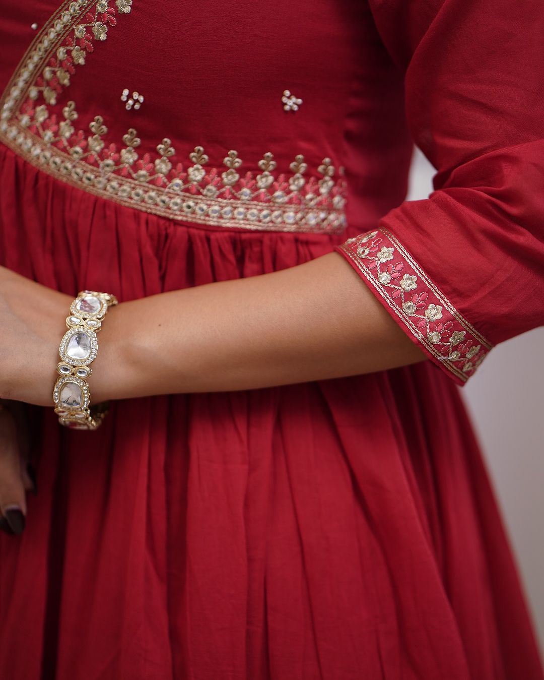 Red Embroidered Muslin Cotton Anarkali Gown Suit Set