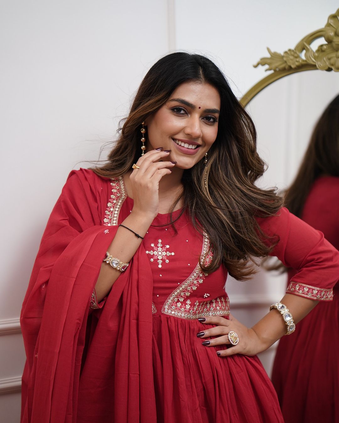 Red Embroidered Muslin Cotton Anarkali Gown Suit Set
