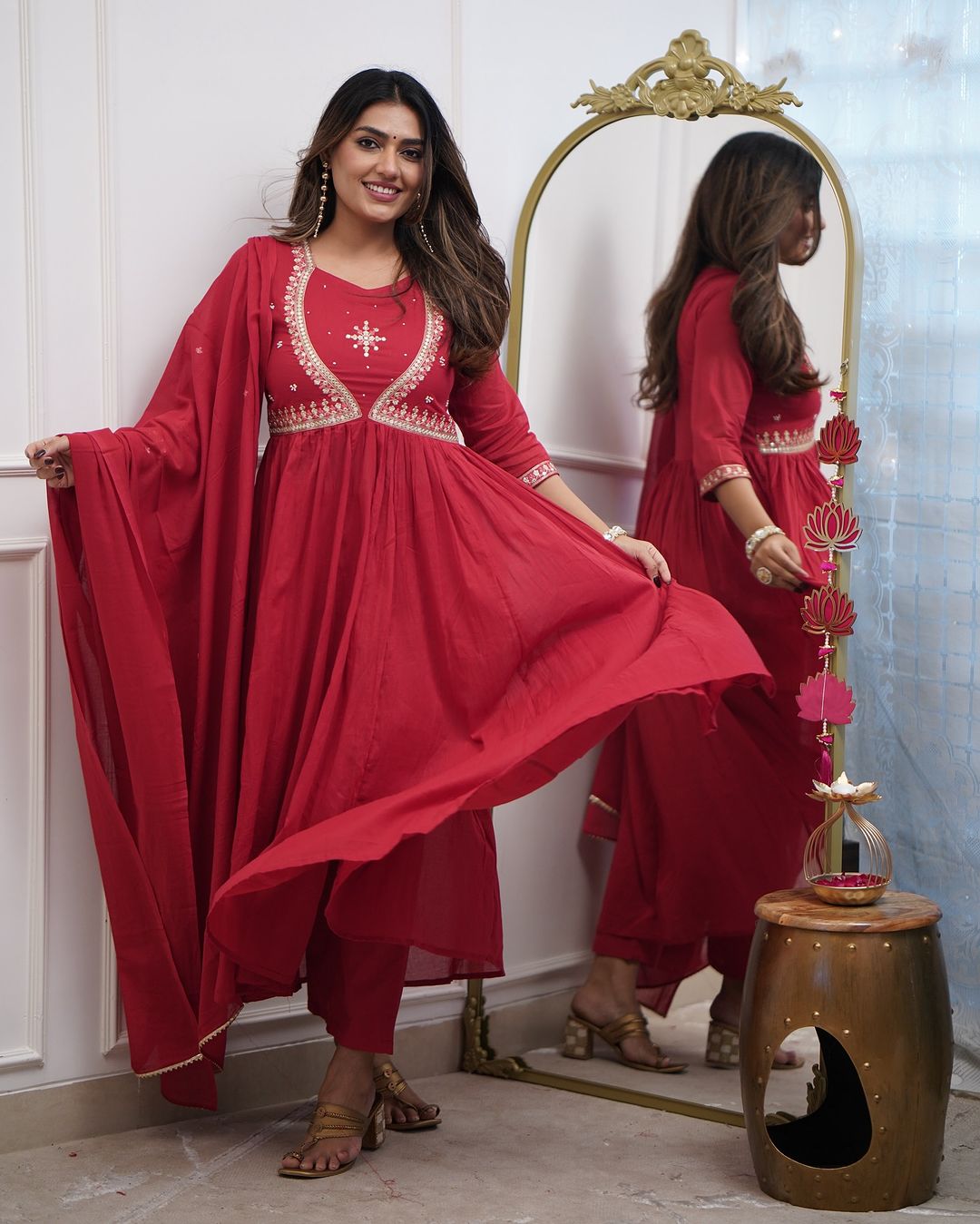 Red Embroidered Muslin Cotton Anarkali Gown Suit Set
