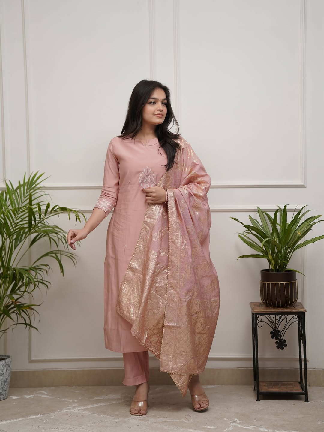 Blush Peach PV Chanderi Embroidered Straight Kurta Set