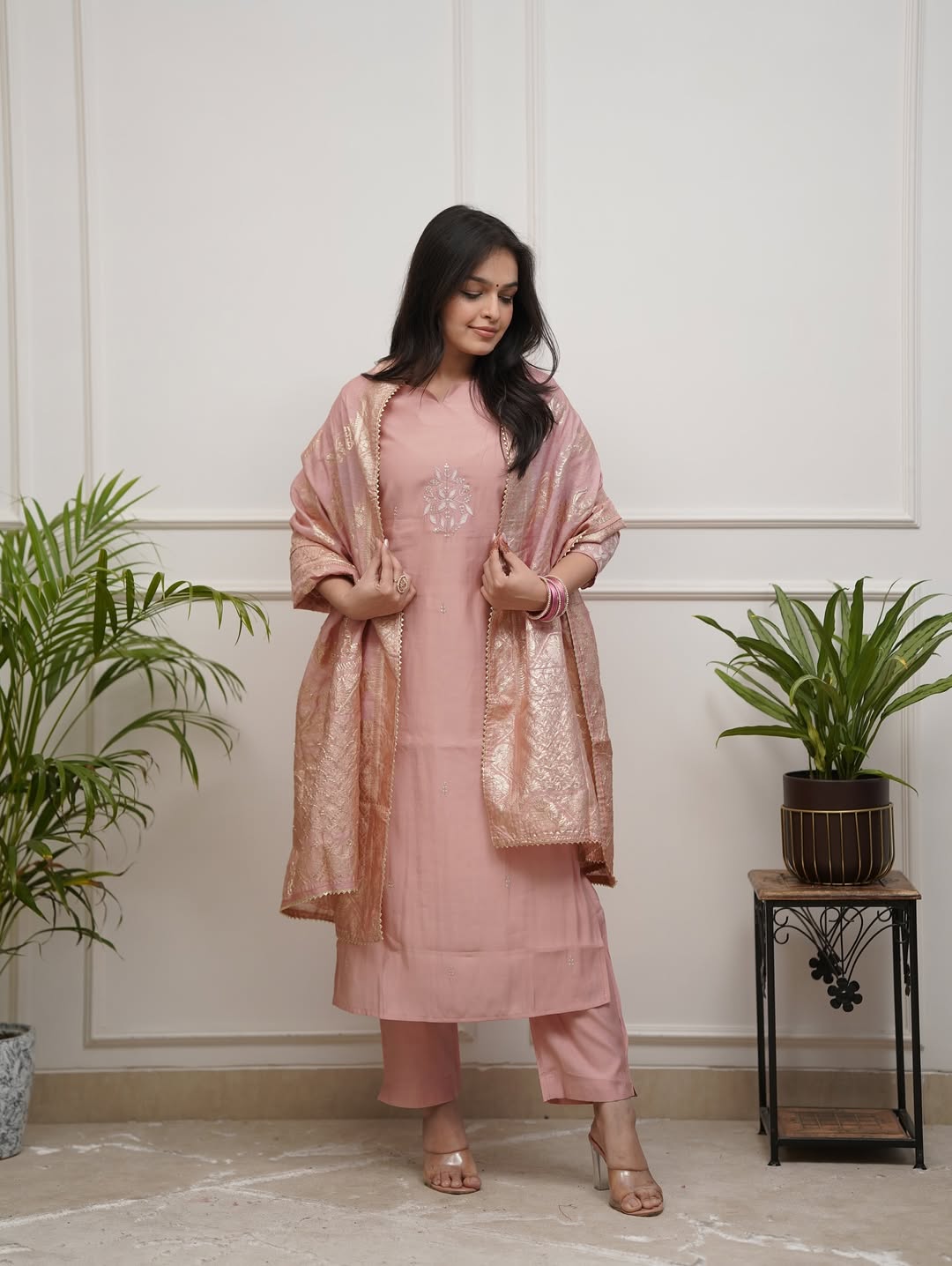 Blush Peach PV Chanderi Embroidered Straight Kurta Set