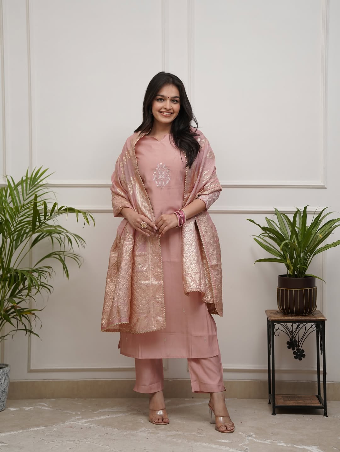 Blush Peach PV Chanderi Embroidered Straight Kurta Set