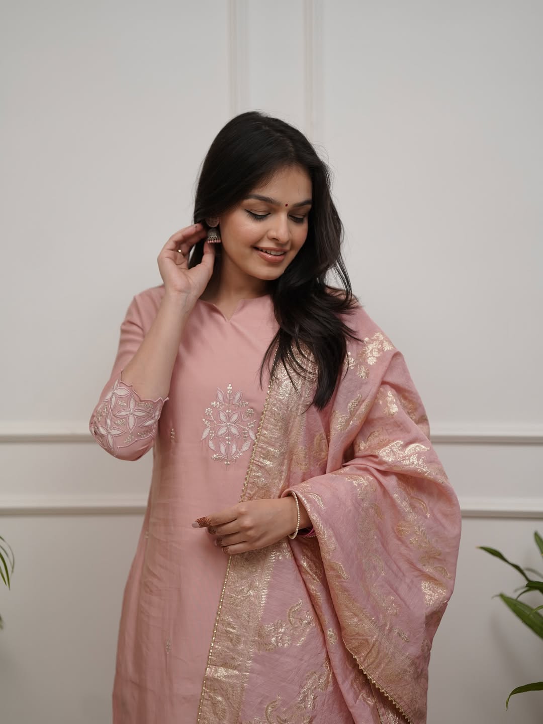 Blush Peach PV Chanderi Embroidered Straight Kurta Set