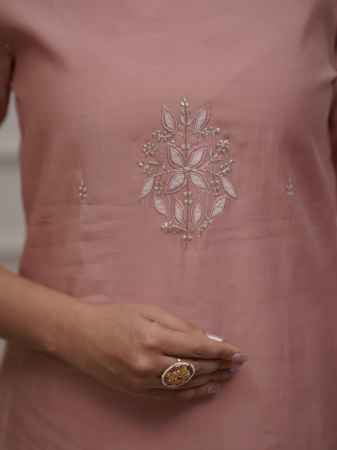 Blush Peach PV Chanderi Embroidered Straight Kurta Set